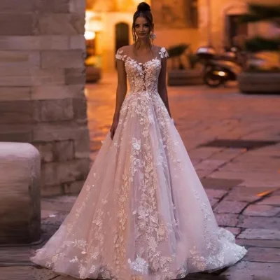 China Taobao Cap Sleeve V Neck Bridal Gown Wedding Dress 2019
