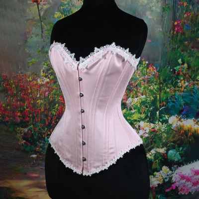 Fashion Pink Satin Overbust Corset with Lace Trims Vintage pink Overbust Corset