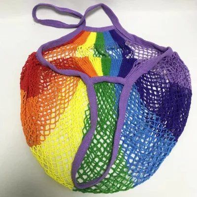 Premium Cotton Folding Custom Rope PP Long Handle Shoulder Strap Net Tote Bag for Farmers Market Produce Grocery Beach Trip
