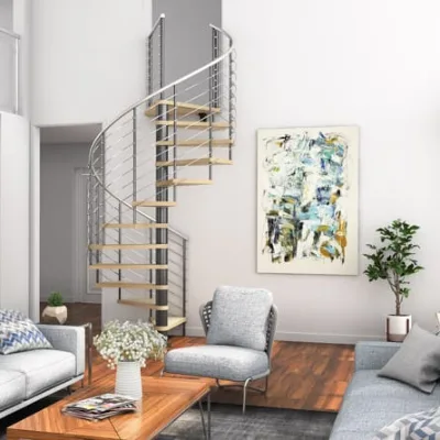 WoodenTread Spiral Staircase Steel Central Column Indoor Spiral Stairs