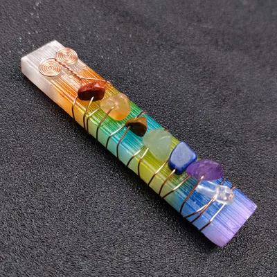 Natural Crystal 7 Chakra Colorful Selenite Healing Stick Raw Gold Wrapped Colorful Beads Pendant