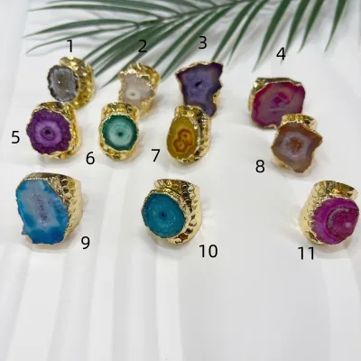 Natural Crystal Rough Stone Wide Band Ring for Women Vintage Geometric Multi Color Adjustable Fashion Jewelry