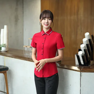 Lapel Slim Shirt Short Sleeve Staff Uniform Color Blocking Pocket Hotel Restaurant Workwear