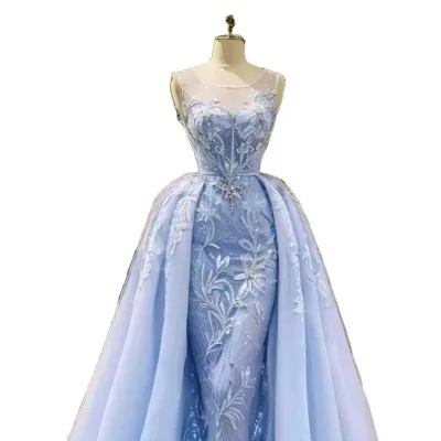 Charming Sky Blue Mermaid Evening Prom Dress Sleeveless Glitter Floral Long Dress with Sweep Train