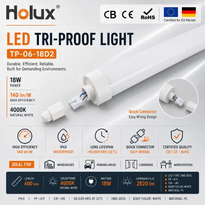 LED Tri Proof Light 18W 140lm Per Watt IP65 IK08 CE ERP RoHS 5 Years Warranty PC Housing Natural White SMD2835 4000K CRI80