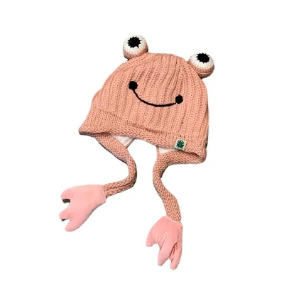 ZY217 Adult Ear Protection Winter Wool Hats Warm Earflap Hat Cute Cartoon Frog Knitted Hats