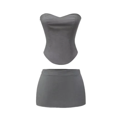 Women's Sexy Corset, Strapless Slim Fit Vest, Low Waist Solid Color Skirt Set