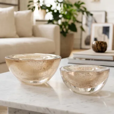 Hand Blown Crystal Glass Candy Dish with Champagne Gold Glitter & Thick Round Edge Snack Bowl for Table Centerpiece Home Decor