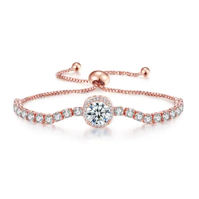 Fashion Rose Gold Plated Adjustable Slider Tennis Bracelet Halo Cubic Zirconia Friendship Bracelet for Women Girls Jewelry Gift