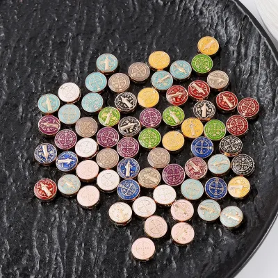 Multiple Colors Zinc Alloy Round Saint Benedict Connector Beads San Benito Medal Catholic Religious Charm Gift