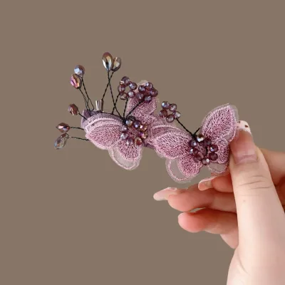 Purple Embroidered Double-Butterfly Fabric Sweet Women's High-End Delicate Hair Accessory Hairpin Headpiece Bangs Clip Spring