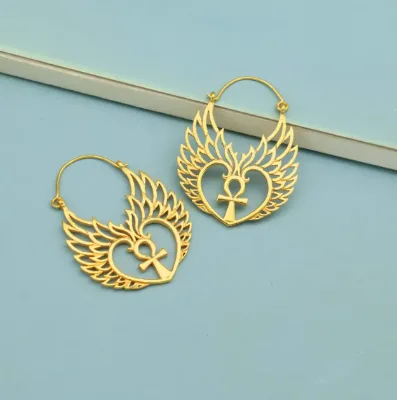 Exquisite 18k Gold Plated Ankh Heart Wing Boho Hoop Earrings Egyptian Symbol Jewelry Custom Spiritual Statement Earrings