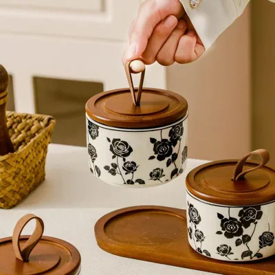 Black Rose Ceramic Sealed Small Jar for Tea Coffee Sugar Household Storage Pot French Style