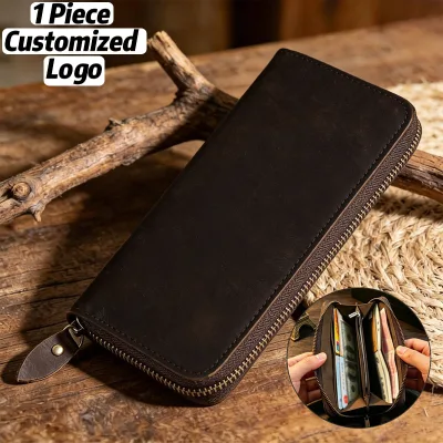 Retro Crazy Horse Leather Wallet RFID Anti-Theft Brush Business High-End Feel Hand-Held Bag Genuine Portefeuille
