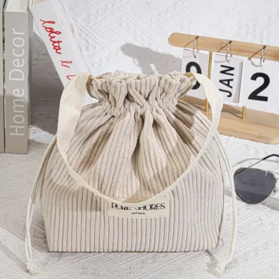 Custom New Design Corduroy Fabric Drawstring Travel Shopping Bag Logo Printed Fashion Gift Cosmetic Makeup Drawstring Velvet Bag