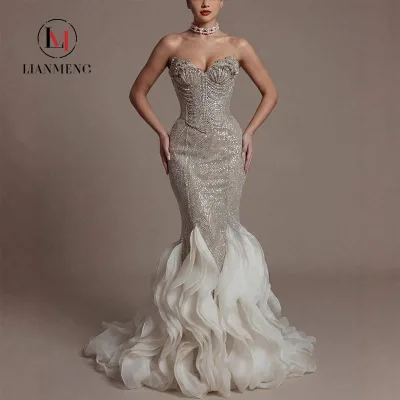 LM D321 Strapless Crystal Beaded Mermaid Wedding Gown Sweetheart Corset Bodice Ruffled Organza Flare Bridal Dress Party