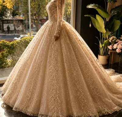 Luxurious Wedding Dress Elegant Crystal Lace Applique Court Style Sequin Long Sleeve Bridal Gown 2026 New Arrival