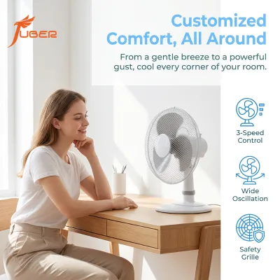High Velocity Strong Airflow Table Fan 16 Inch 3 Speed 90 Degree Wide Oscillation Copper Motor Metal Grill Powerful Table Fan