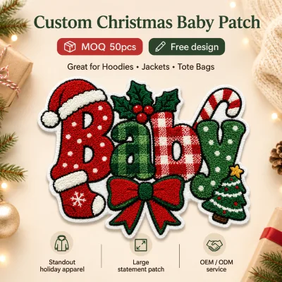 Large Christmas Baby Chenille Patch Custom Embroidered Badges for Varsity Jackets Hoodies Tote Bags Wholesale MOQ 50pcs
