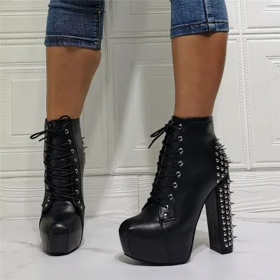 Autumn Spike Rivets Ornament Round Toe Platform Front Lace up Daily Women Ankle Boots High Chunky Heel Big Size 47