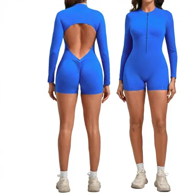 Custom Logo Zipper Long Sleeve Gym Jumpsuit Custom Gym Clothes Hollow Out Back One Piece Yoga Jumpsuit for Women