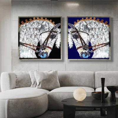 Home Decor Framed Luxury Tempered Glass Artwork Whited Horse Glass Painting Enamel Wall Art Horses