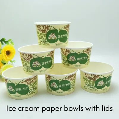 Custom Logo Eco-Friendly Disposable Ice Cream Bowl Heavy-Duty Thick Paperboard Frozen Yogurt Cups with Lids for Dessert Takeaway