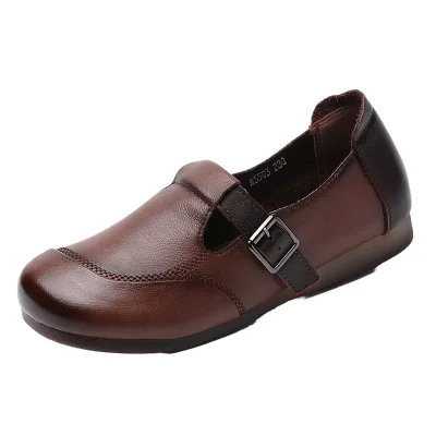 Retro Genuine Leather Slip-On Rubber Outsole Color-Blocking Mom Shoes Soft Single Flat Heel Soft Surface Toe-Deep Mouth Design