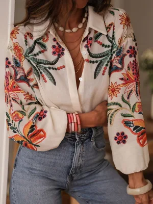 Women's Floral Print Button Down Shirt, Long Lantern Sleeve Boho Blouse, Casual Loose Fit Collared Top for Women