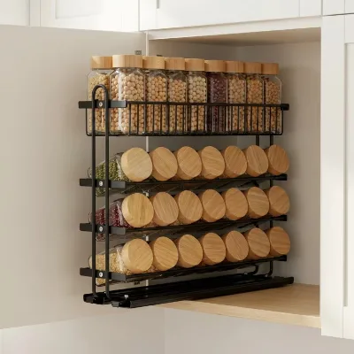 Modern 4-Tier Metal Kitchen Corner Spice Rack Seasoning,Heavy Duty Household Sliding Storage Rack Hardware Cabinet Organizer