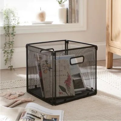 Desktop simple storage basket, large-capacity foldable iron , metal mesh , home blue