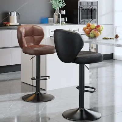 Luxury Modern Leather Solid Wood Metal Frame Bar Stool with Adjustable Backrest for Home Bar and Commercial Use