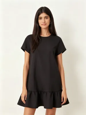 Women Solid Mini Shift Dress Round Neck Rolled Short Sleeve Back Cut Out Keyhole Ruffle Hem Loose Casual Office Sundress