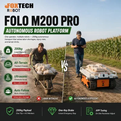 FOLO-M200 Pro Tracked Chassis Automatic Following Robot UGV with Ultrasonic Obstacle Avoidance for Agriculture Patrol Logistics