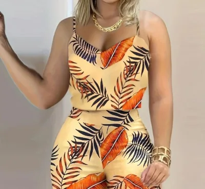 High Quality European and American Summer Women's Printed Suspender Casual Fashion Shorts Two-piece Set