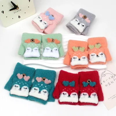 Half Finger Kids Gloves With Cover Winter Warm Knitted Mittens Plush Thicken Deer Christmas Gloves for Infant Boys Girls