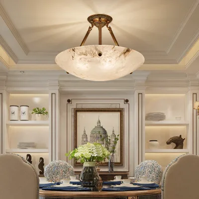 Villa American Style All-Copper Stone Chandelier for Home Decor Simple Zhongshan Lamps E26 Marble Hanging Lamp