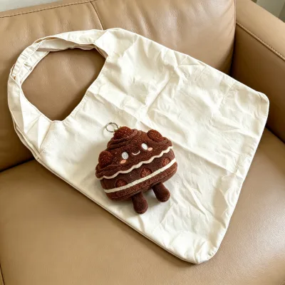Cute Plush Pendant Foldable Shopping Tote Bag Cookie Bread Burger Pizza Coffee Charm Reusable Eco Grocery Portable Plush Bag