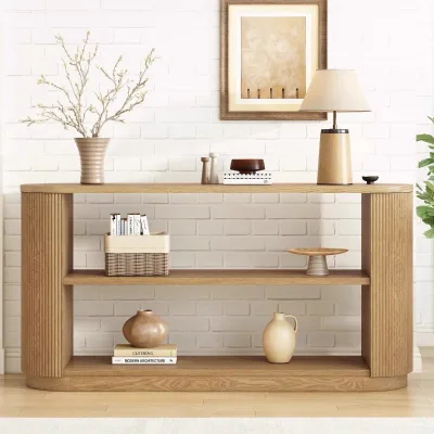 American Country-Style Vintage Solid Oak Wood Entryway Console Table with Long Bench Living Room Furniture