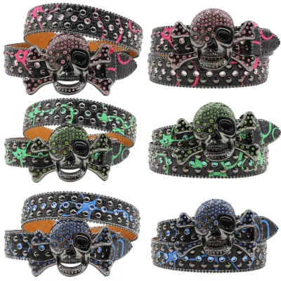 Sapphire Bling Bling Crystal Studded Rhinestone Belt with Metal Skull Buckle