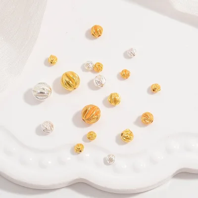 Gold Plated 925 Sterling Silver Round Carved Olive Pumpkin Shape Spacer Beads DIY Bracelet Necklace Jewelry Accessories