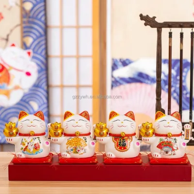 Feng Shui Lucky Cat 8 Inch Battery Powered Waving Ceramic Cat with Golden Ingots Fish for Wealth Good Luck