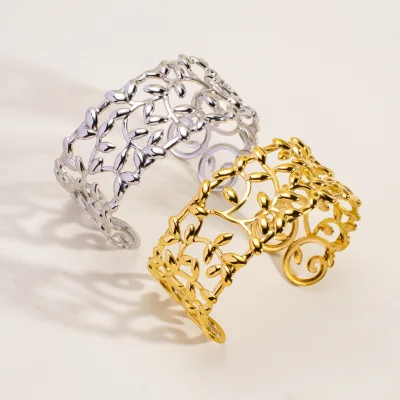 Stainless Steel 18K PVD Gold-Plated Open Cuff Bracelet Bold Wide Geometric Cuff Leaf Bracelet
