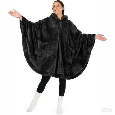 Factory Double Layer Oversized Fluffy Shawl Cape with Hood Women Wearable Sherpa Fleece 100% Polyester Pink Poncho