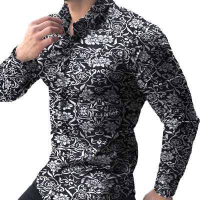 RNSHANGER Fashion Floral Print Shirt for Men Clothing Social Male Blouse Hawaiian Button up Long Sleeve Cardigan Shirts