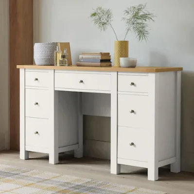Country Style Makeup Table with Paint Effect Finish and Oak Effect Wood Tops Vanity Table with 7 Drawers Bedroom Dressing Table