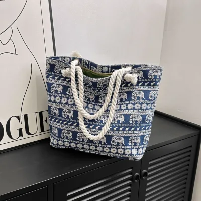 Lilalila Hot Canvas Tote Bag Two Thick Rope Straps Printed Square Shape Zipper Closure Contrasting Color Casual Fashion Women's