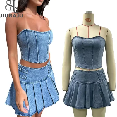 Women Fashion Strapless Tube Crop Top High Waist Pleated Split Skirt 2 Piece Denim Skirt Set