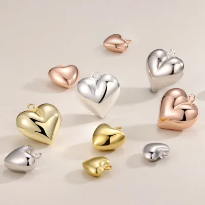 9mm 11mm 15mm Big 925 Solid Sterling Silver Heart Charm Gold Plated Puffed Heart Pendant for Jewelry Making Finding