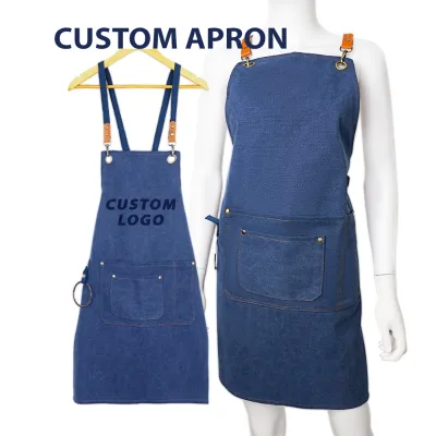 Custom Logo Thick Canvas Cafe Restaurant Uniforms Aprons with Pocket for Waiter and Waitress